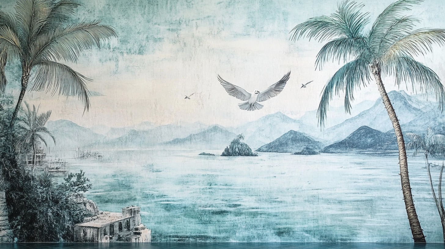 海边椰林飞鸟风景手绘