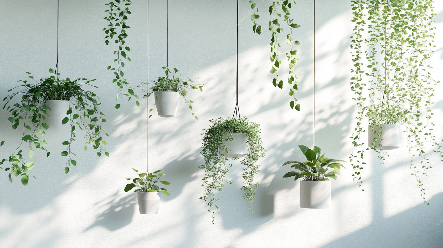 悬挂绿植装饰墙面一角