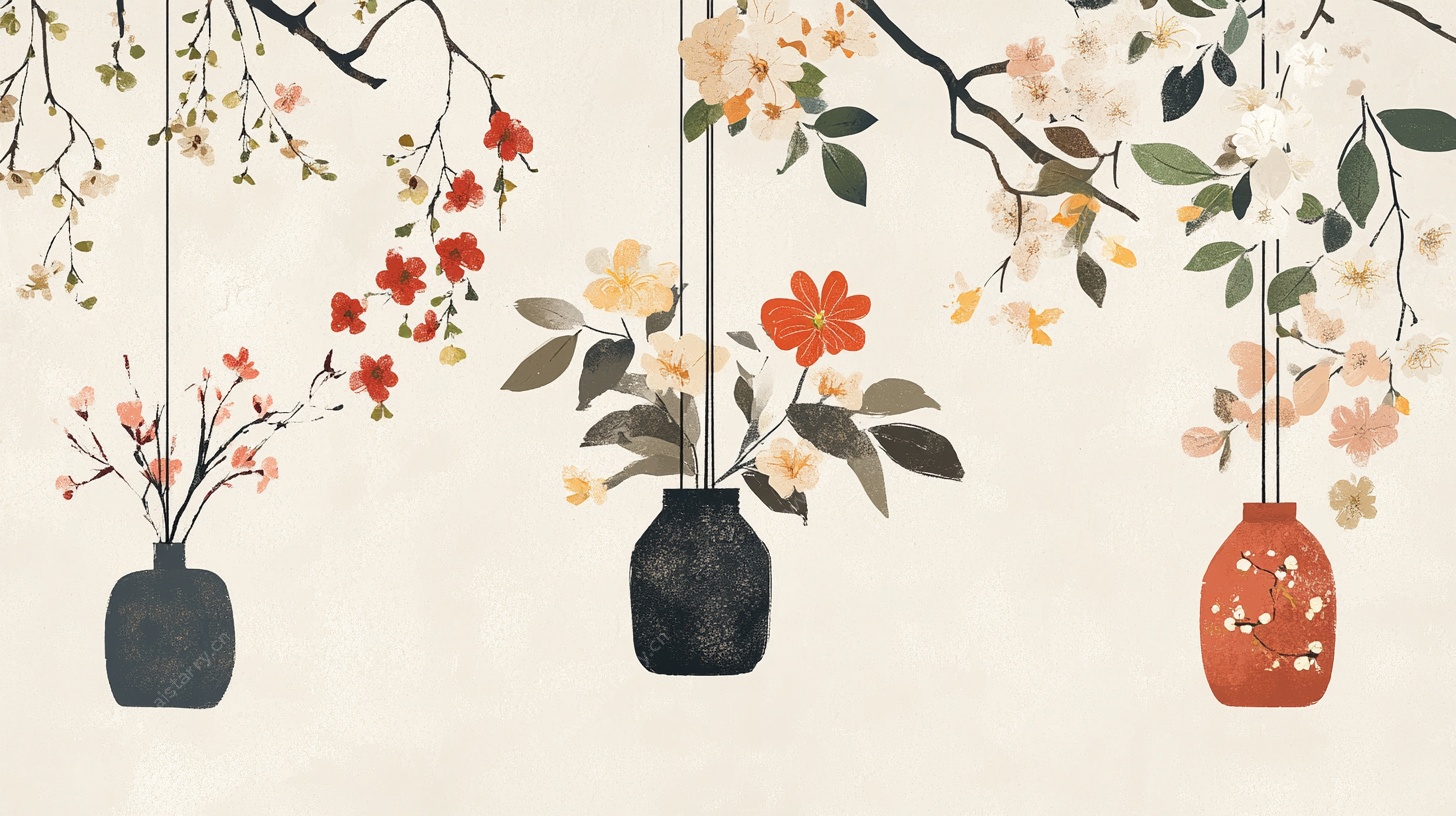 中式花瓶花卉垂挂插画