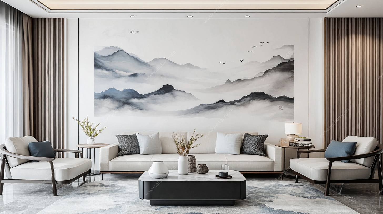 中式客厅山水壁画装饰图