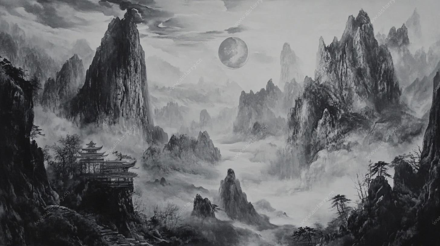 水墨山水月夜图