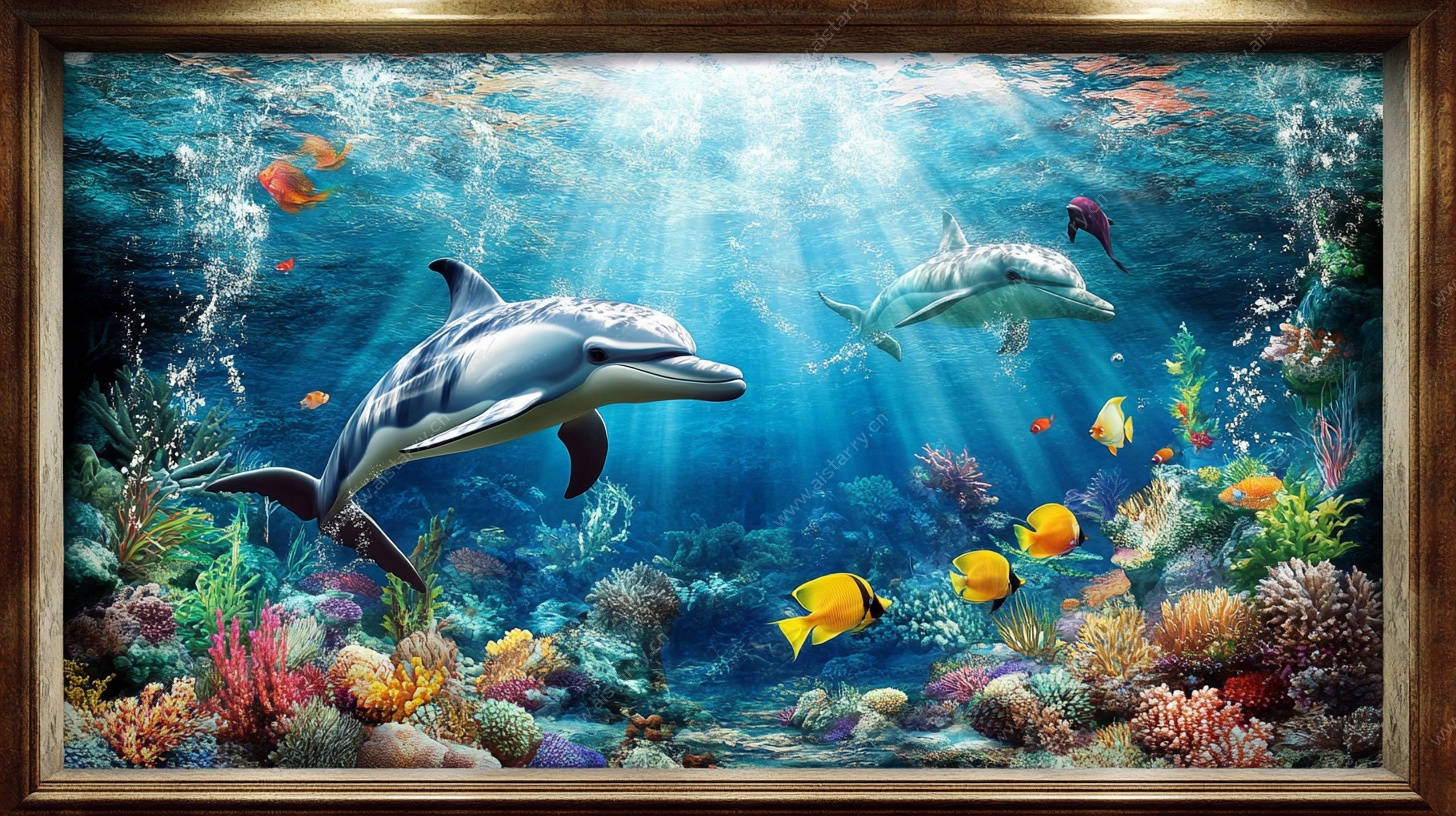 海底海豚与缤纷鱼类画作