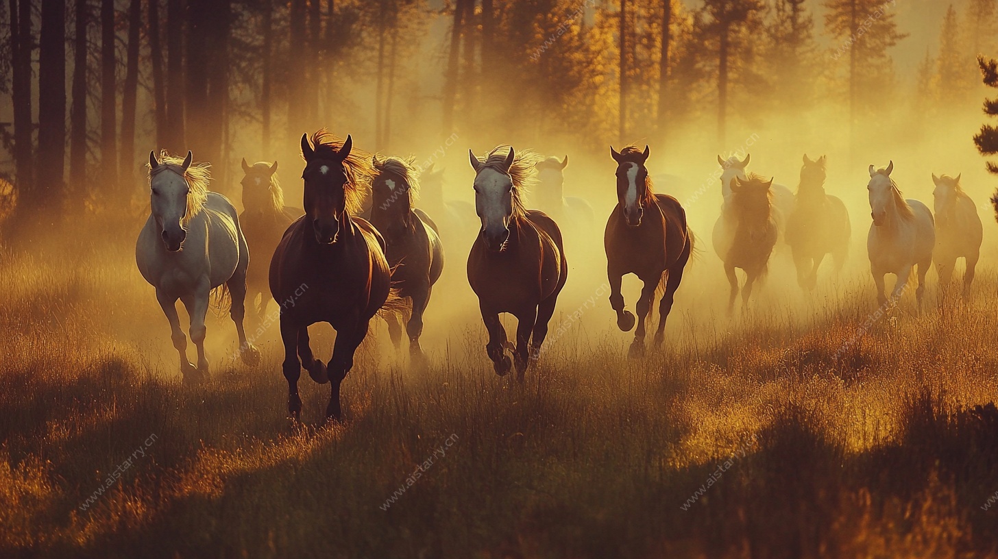 群马在林间草地奔腾