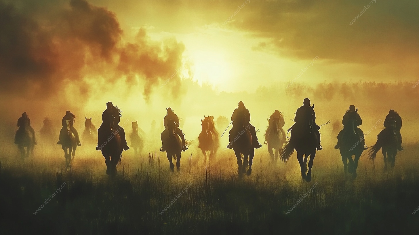 夕阳下的骑马队伍剪影