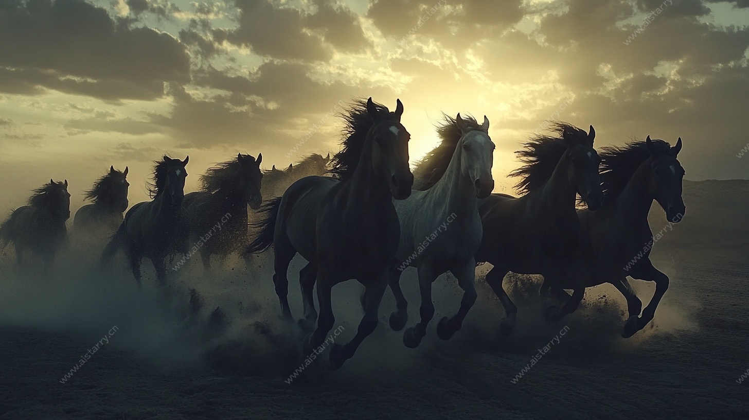群马奔腾于黄昏旷野