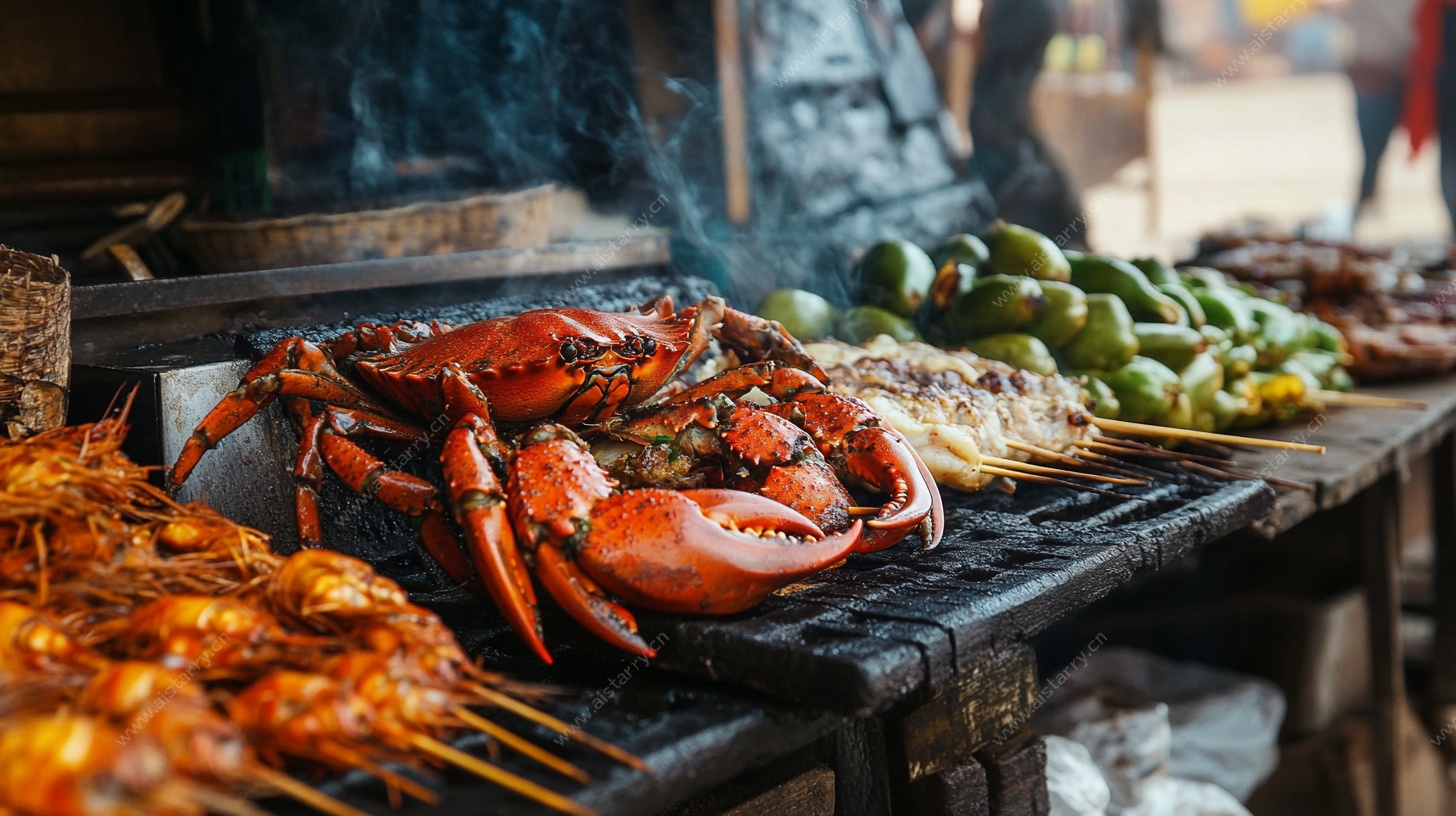 街头烤螃蟹及多样烤物