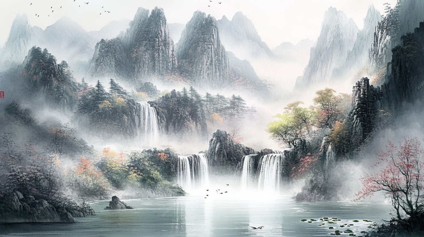 水墨山水瀑布景观图