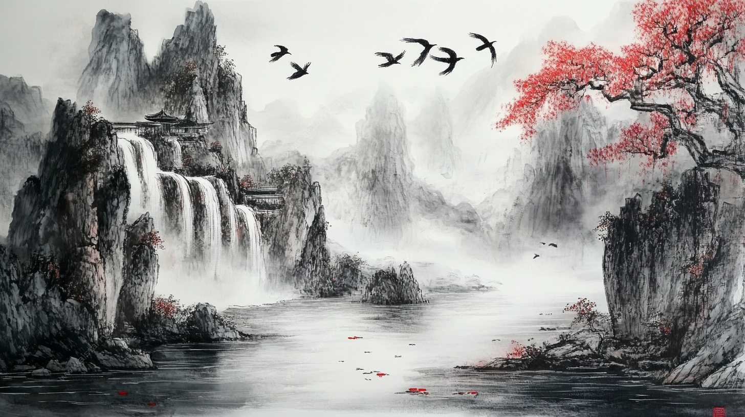 水墨山水飞鸟图