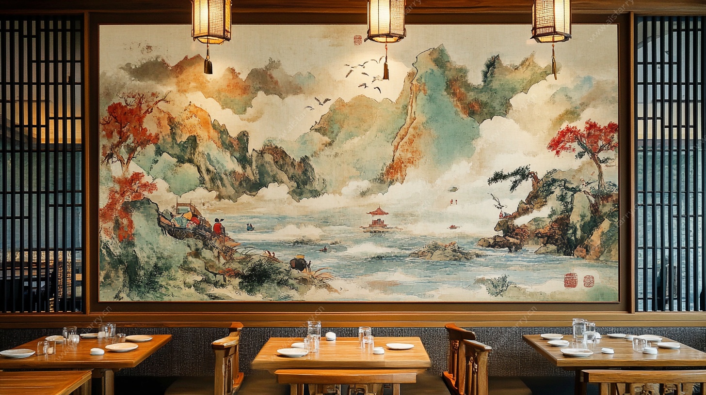 中式餐厅山水壁画装饰