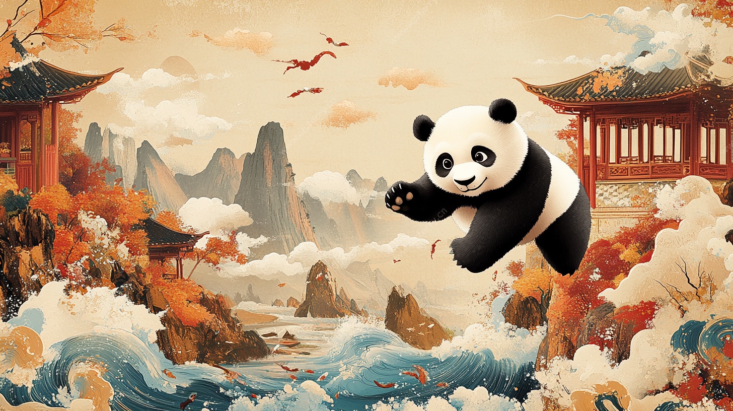 熊猫飞跃中式山水画卷