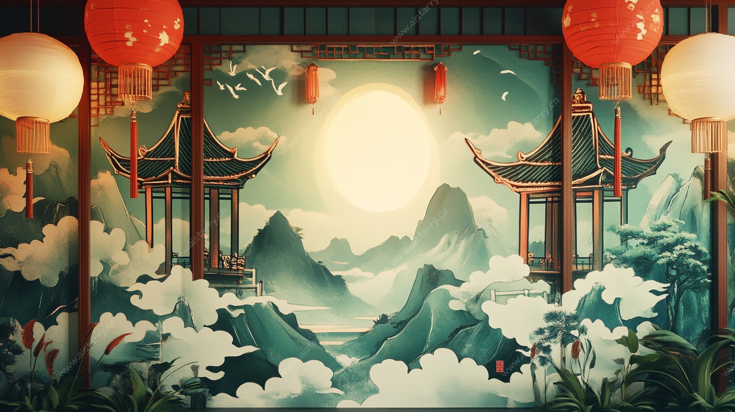 中式古风月夜亭台美景