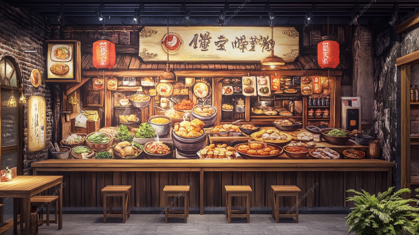 中式美食店铺内景展示