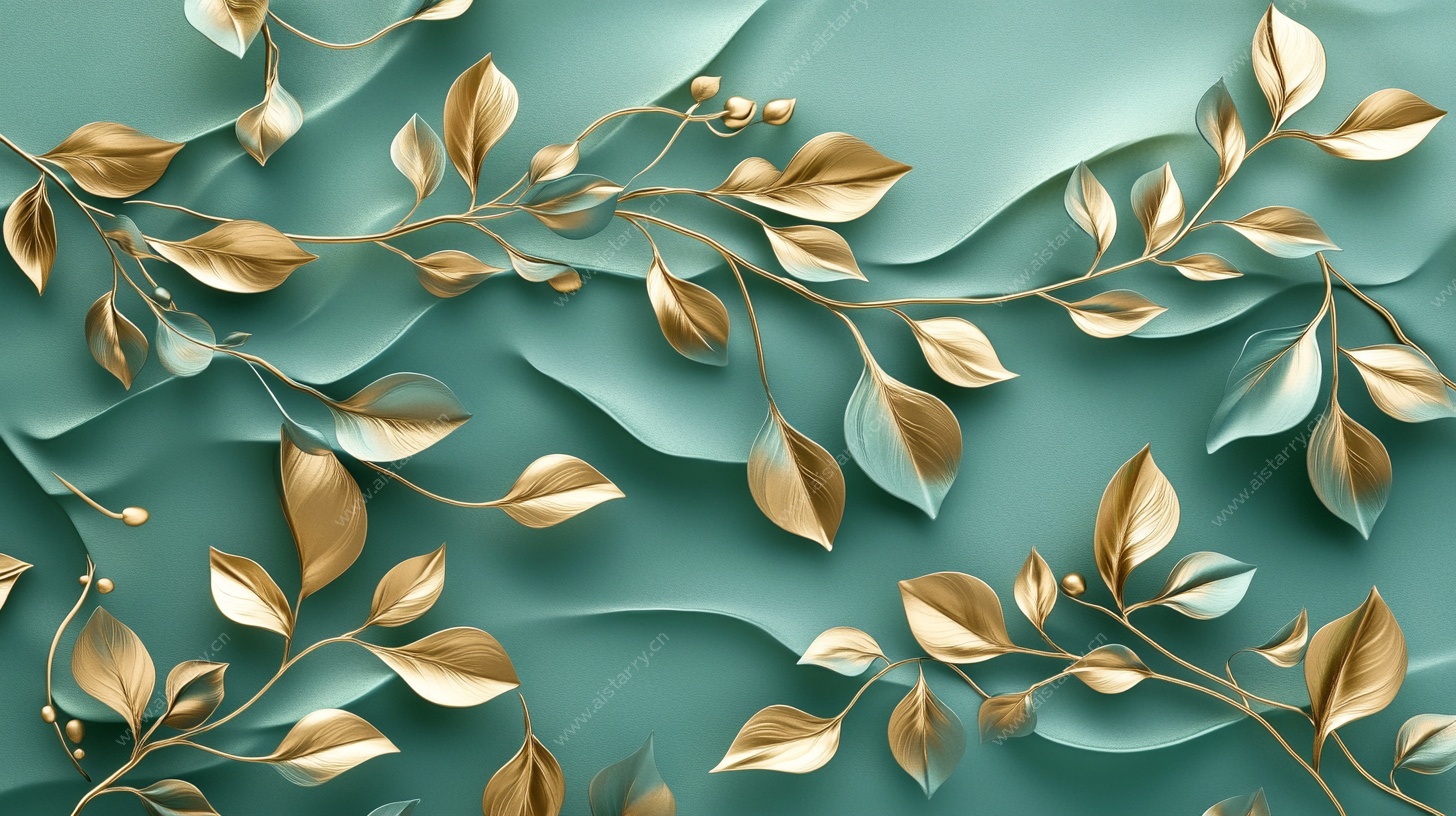 蓝绿背景金色叶片装饰图
