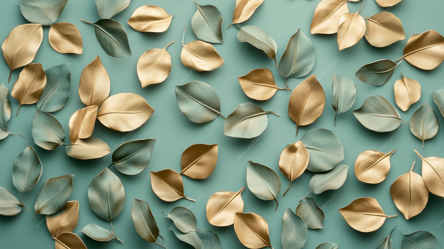 金绿叶片平铺背景图