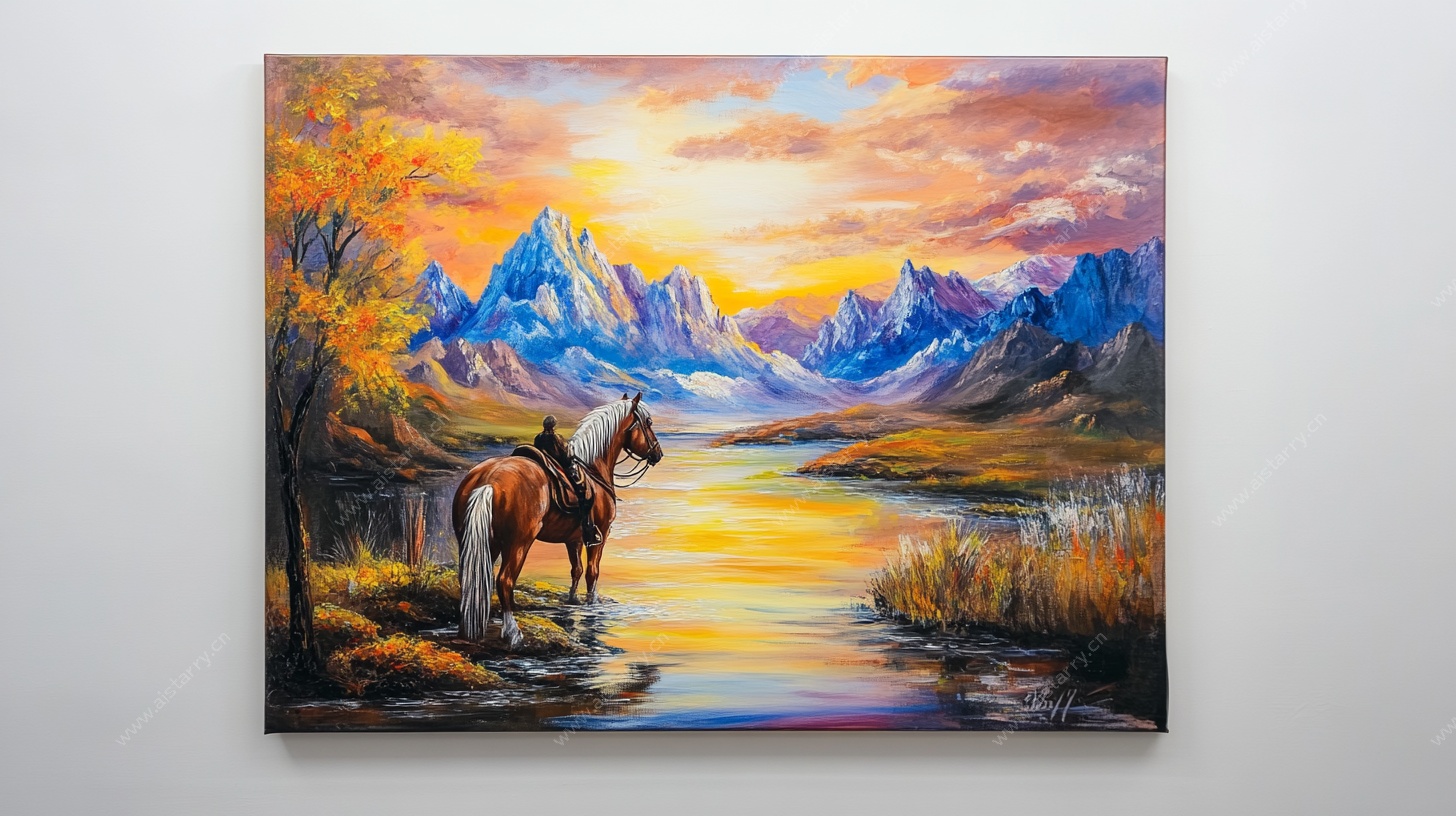 草原骏马山水油画风景
