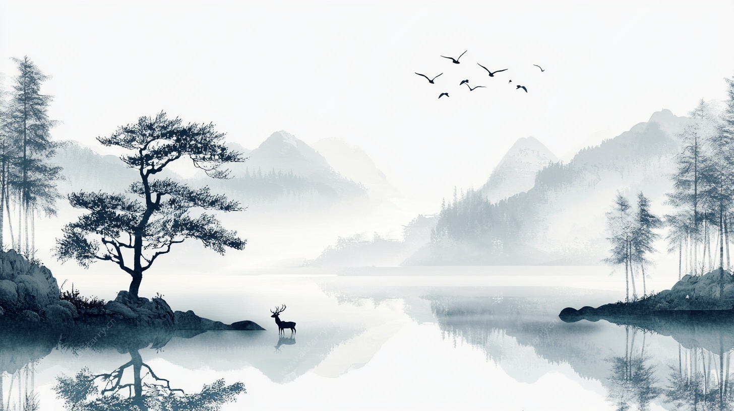 水墨山水湖畔孤树飞鸟图