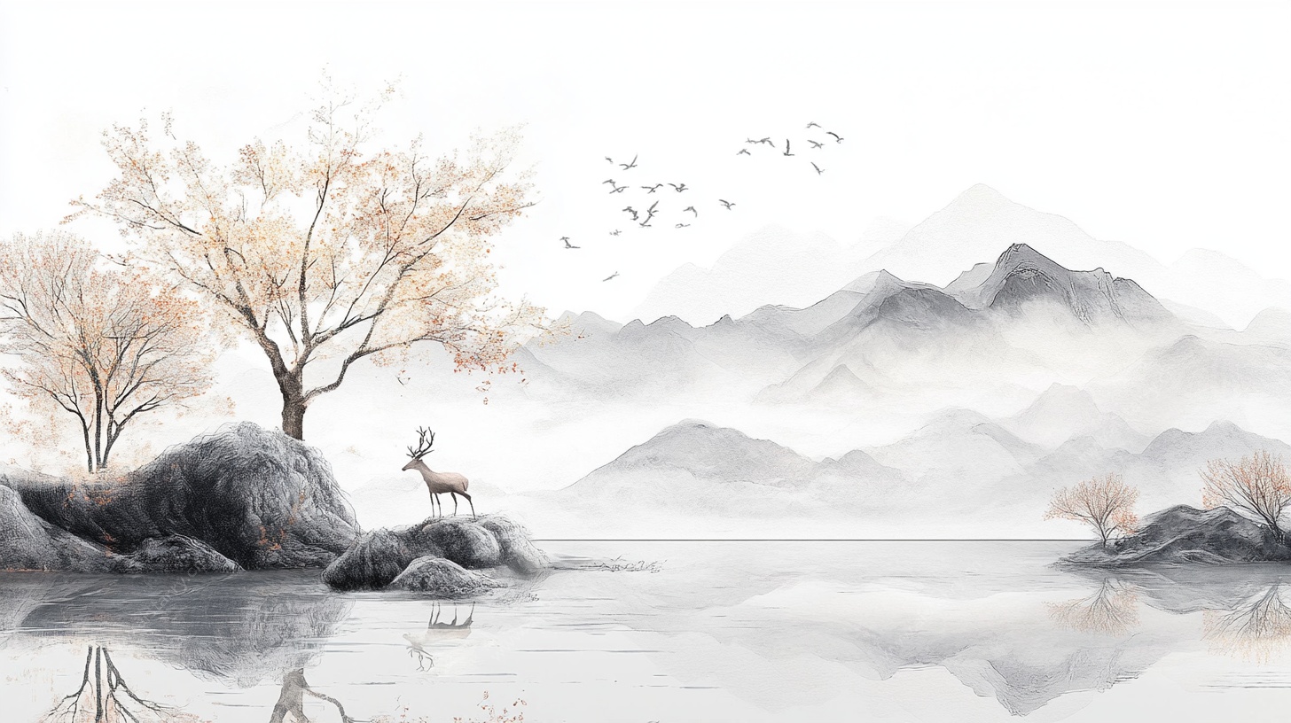 水墨山水间的鹿与飞鸟