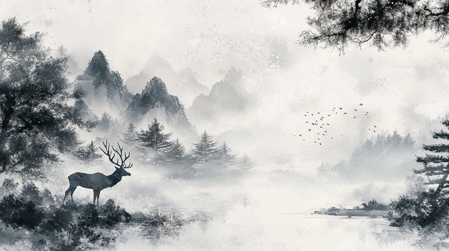 水墨山林中的悠然麋鹿