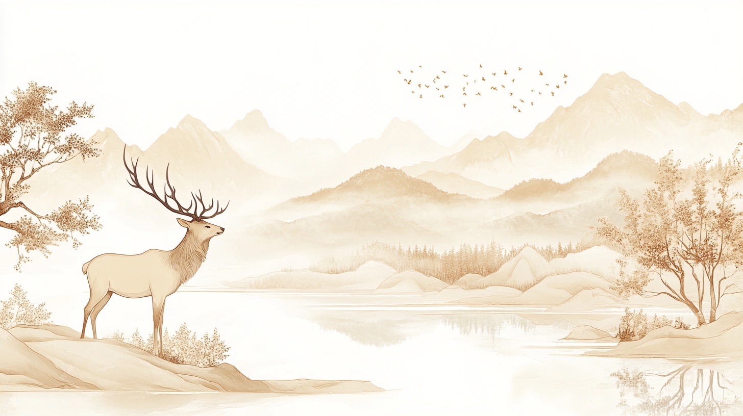 麋鹿栖于山水间的诗意画面