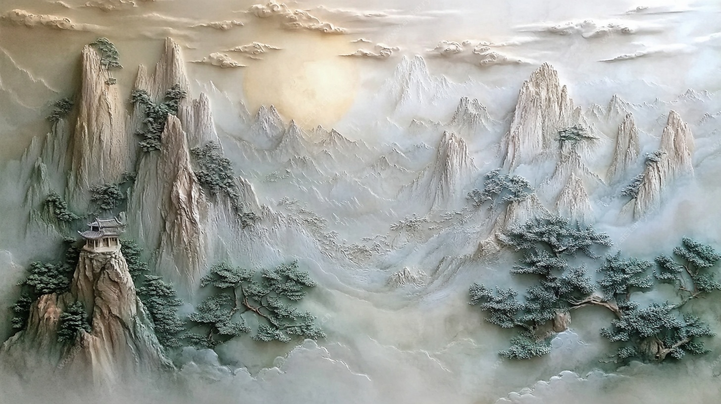 中式山水浮雕景观图