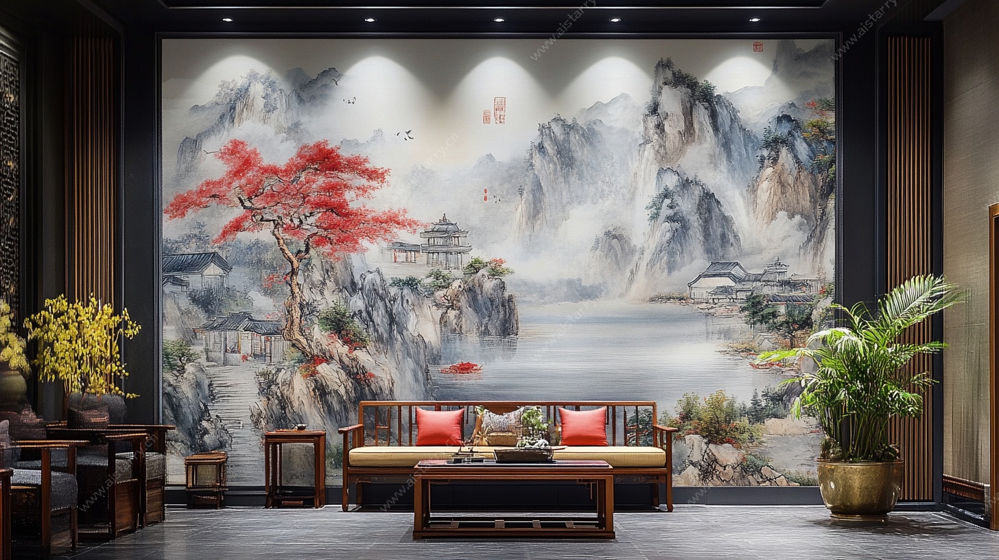 中式客厅山水壁画装饰