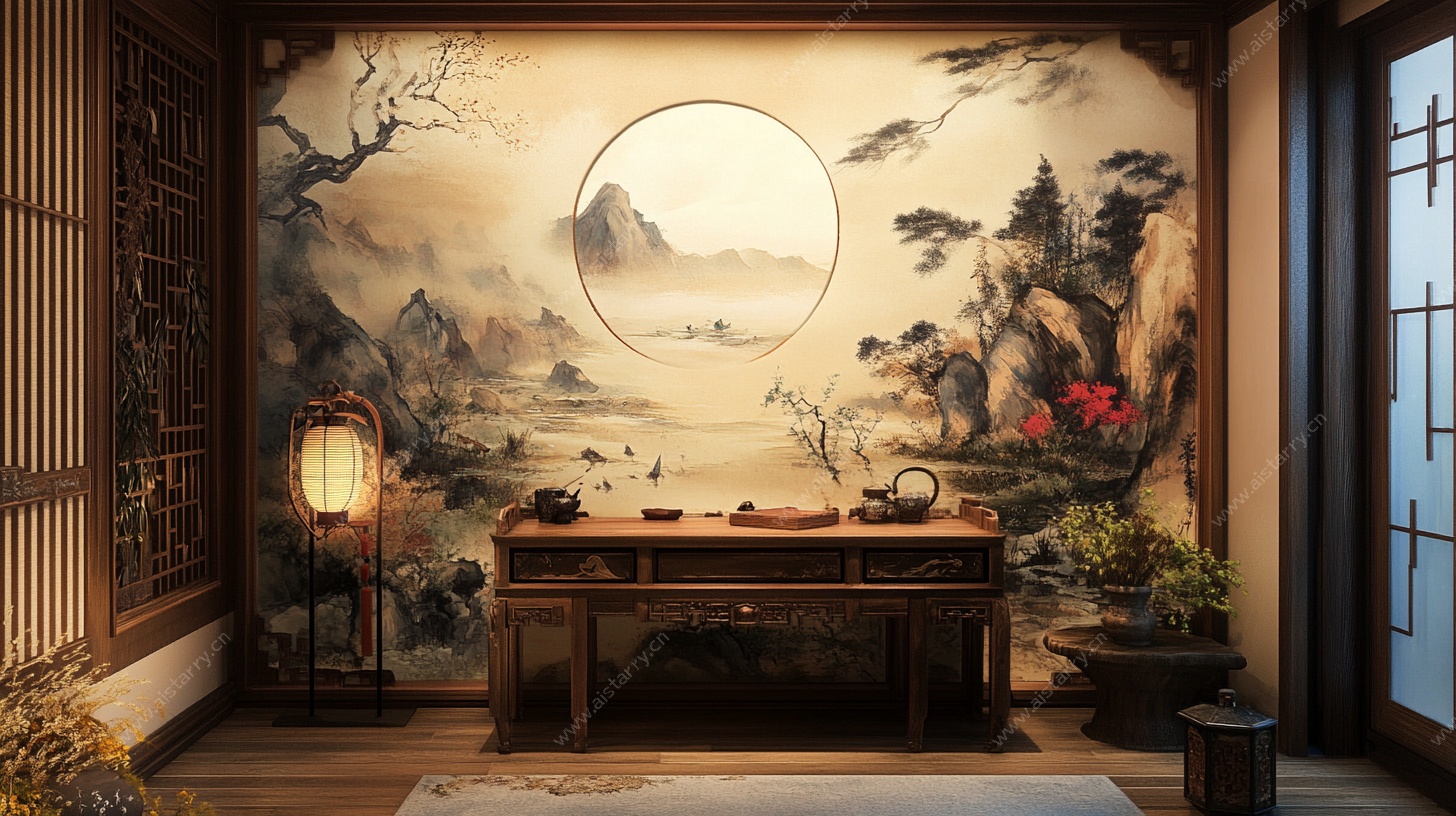 中式雅致茶室山水壁画场景