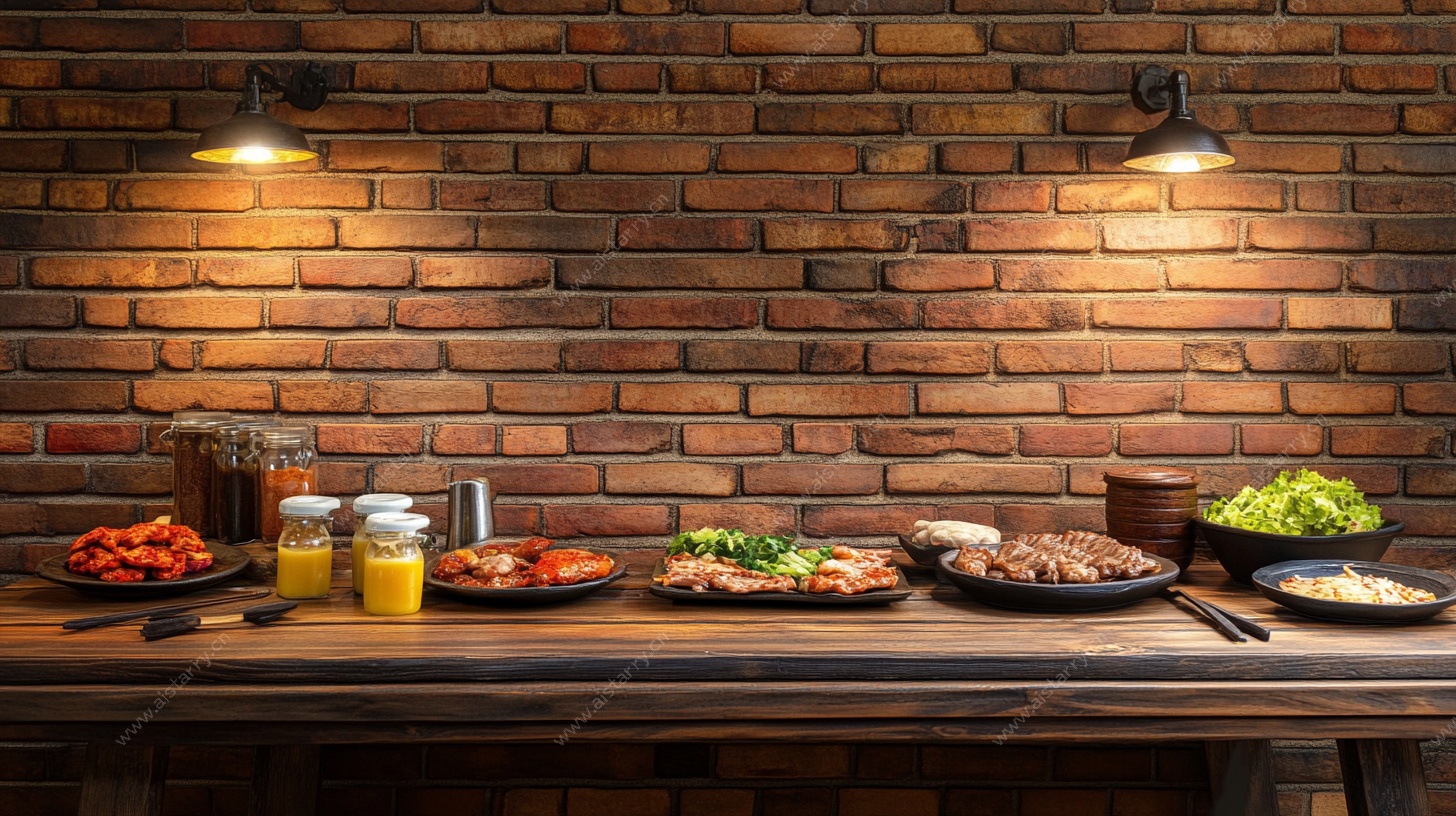 砖墙前的丰盛美食陈列