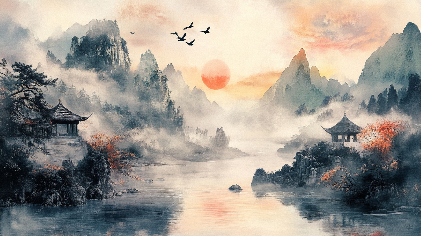 水墨山水间的落日美景