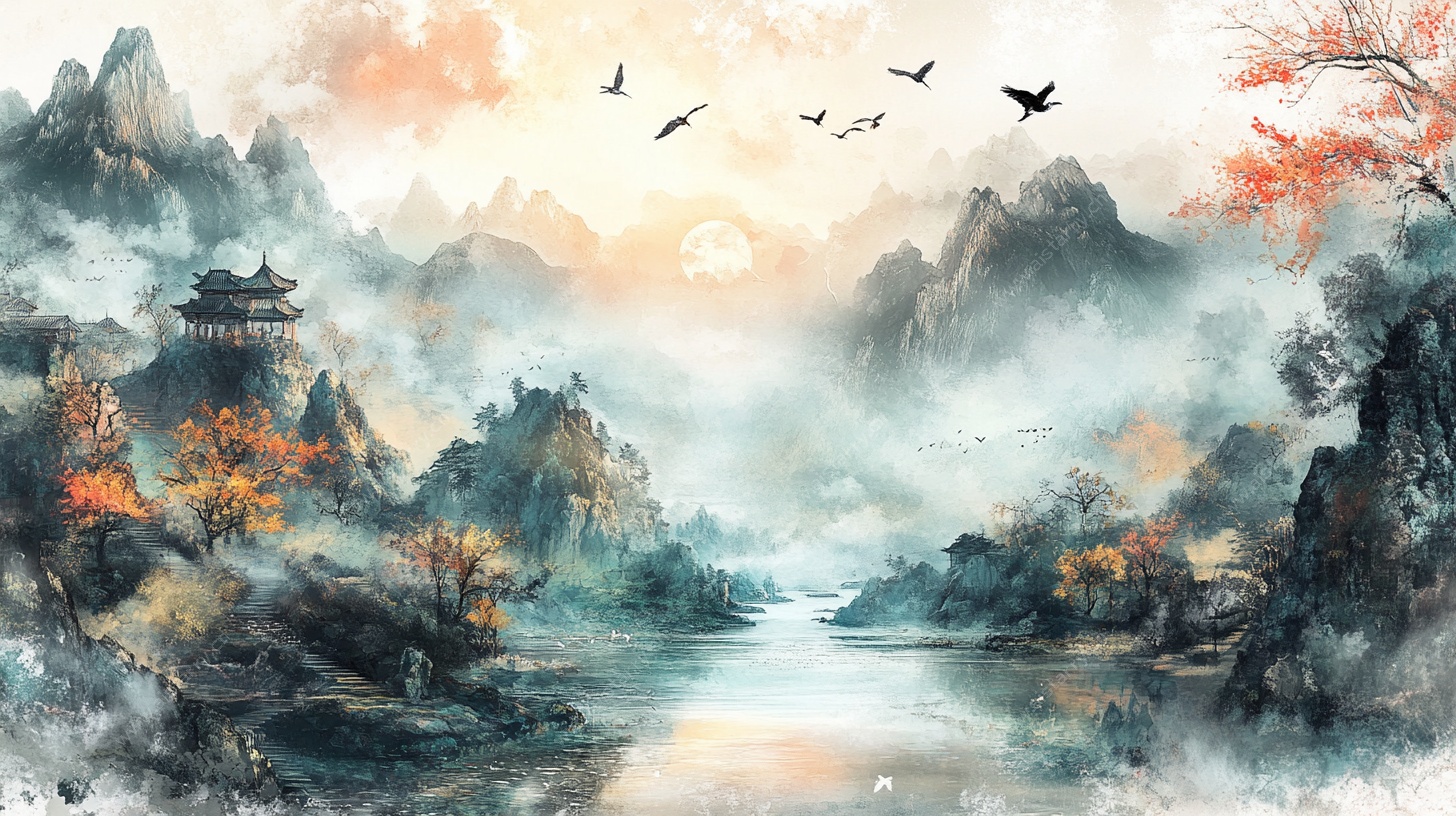 水墨山水间飞鸟落日美景