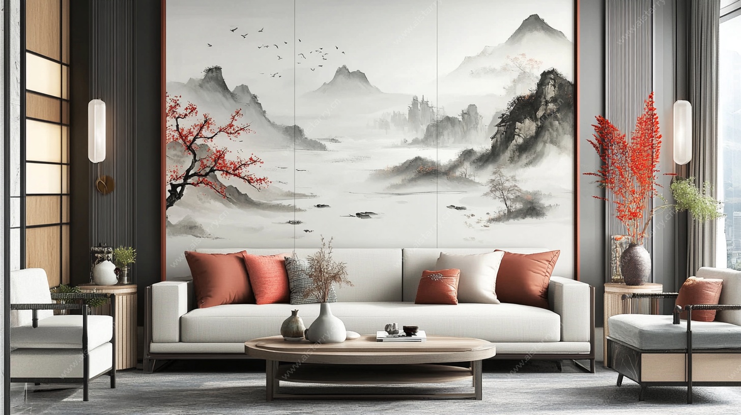 中式客厅 山水壁画装饰风