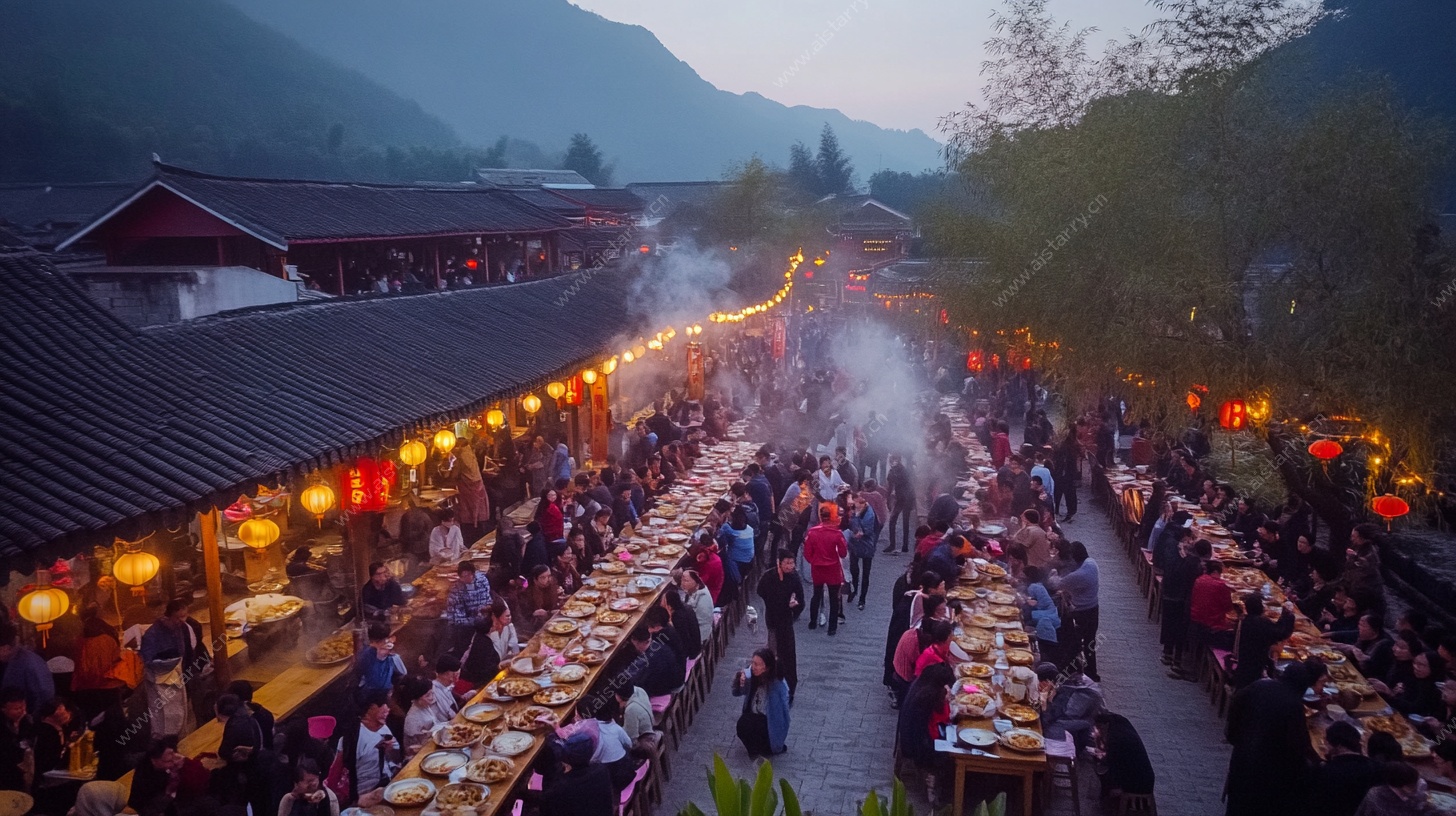 乡村长桌宴热闹场景