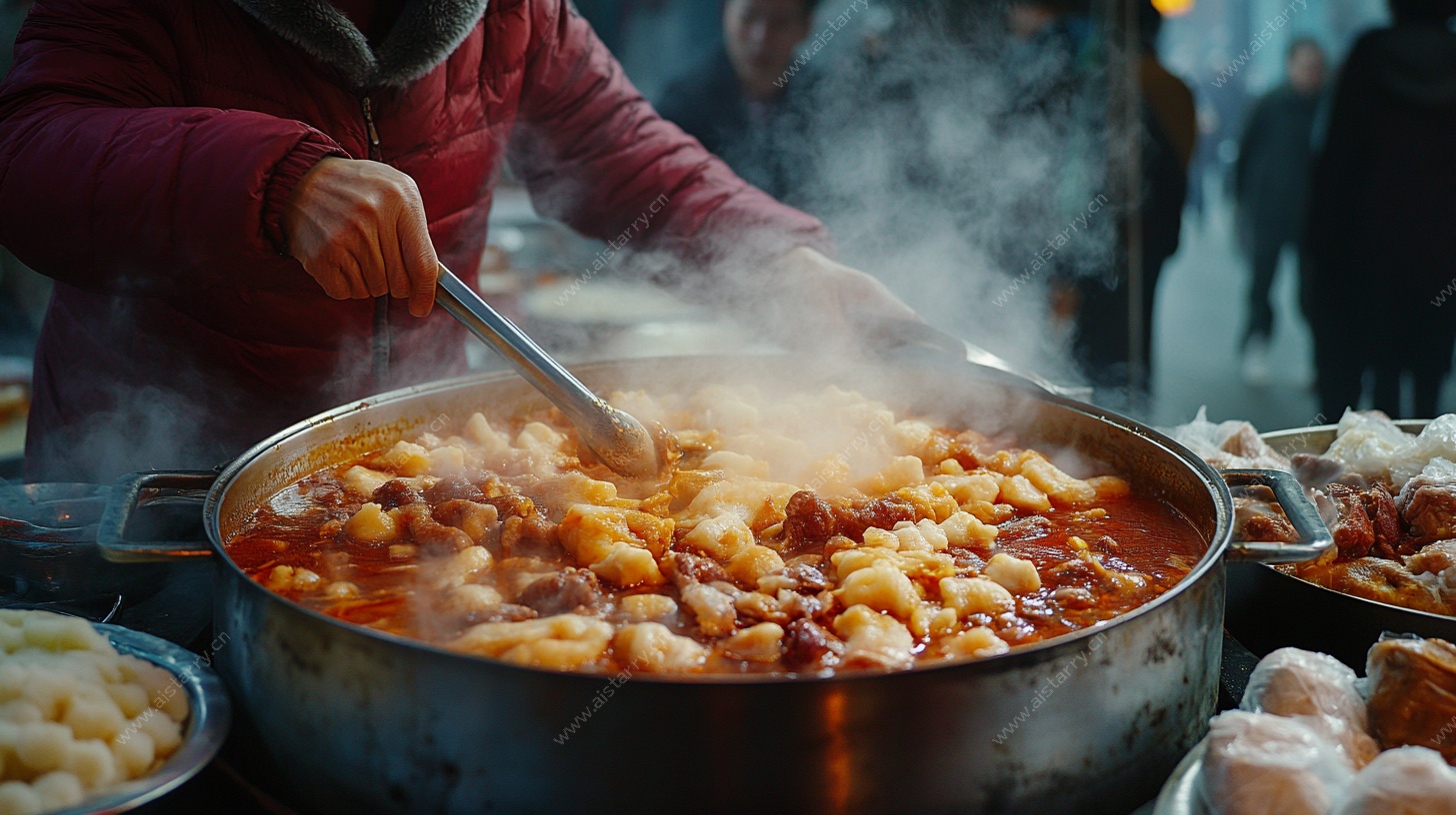 街头热气腾腾的美食大锅
