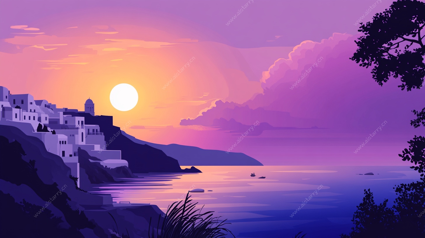 海边日落小镇梦幻风景图