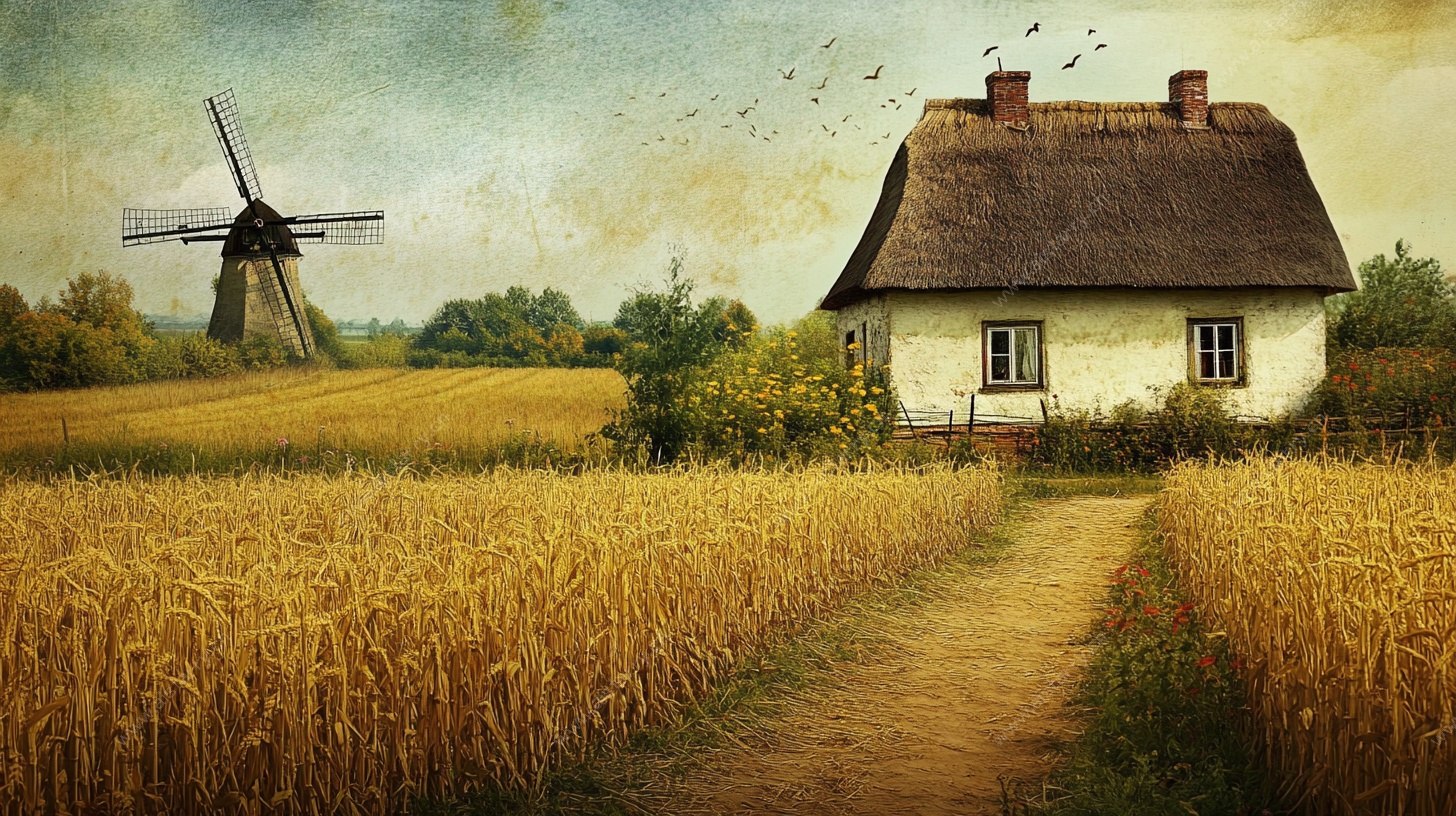 田园风车小屋美景图