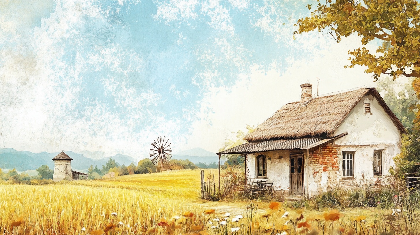 乡村麦田边的古朴小屋