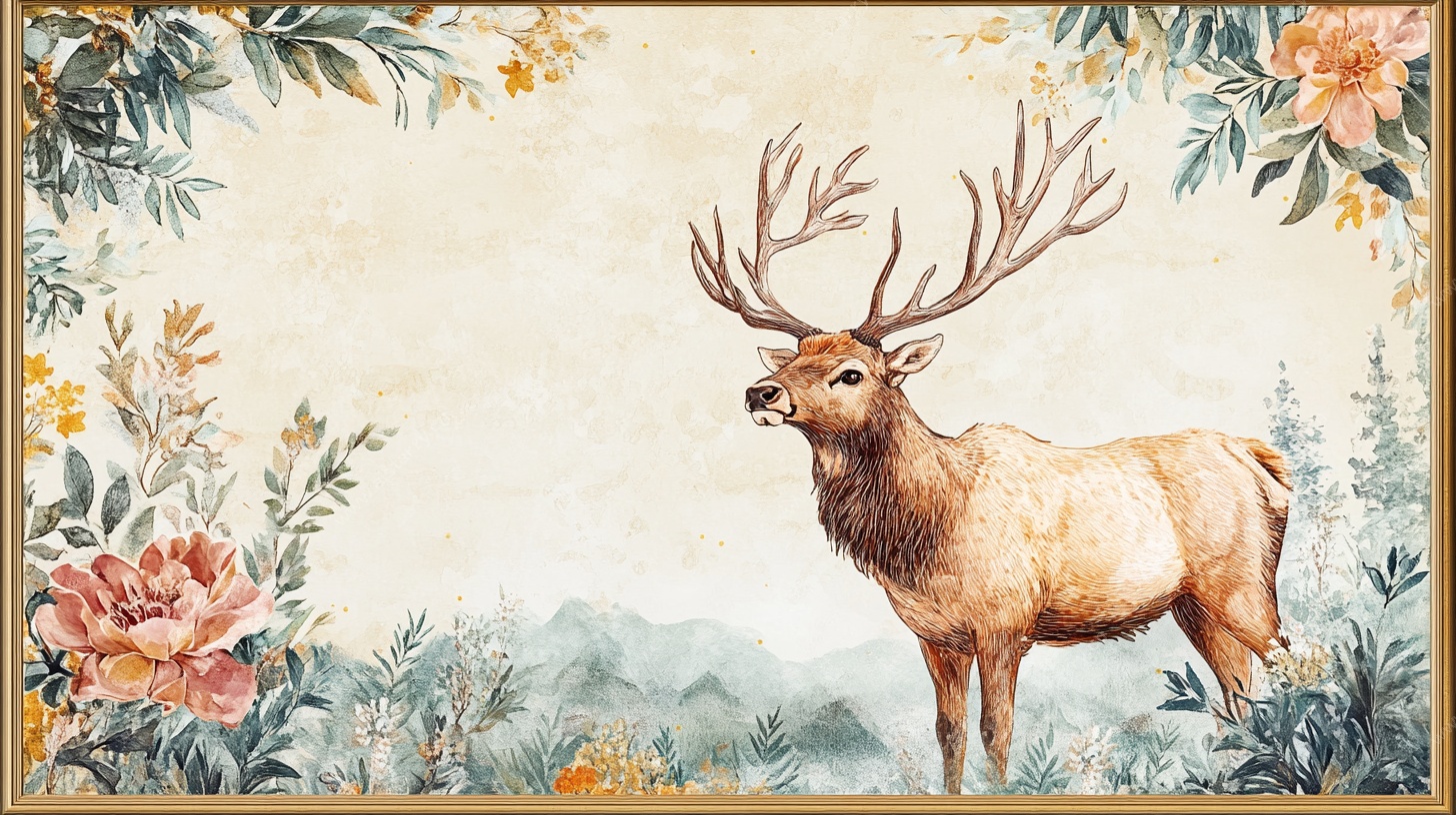 麋鹿漫步于花卉环绕之境