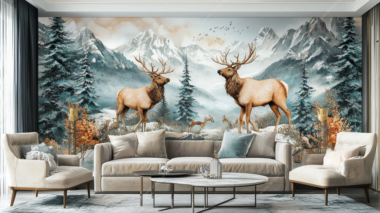 麋鹿山水客厅壁画装饰