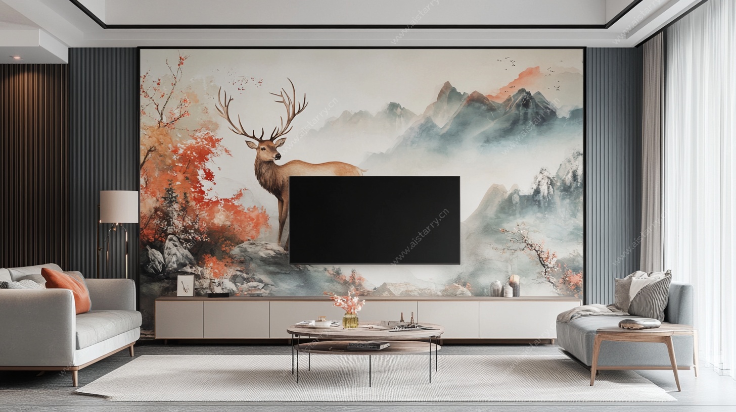 中式客厅山水麋鹿电视背景墙