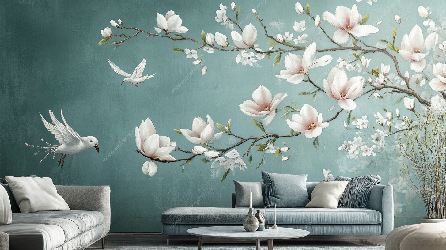中式玉兰花鸟客厅背景墙