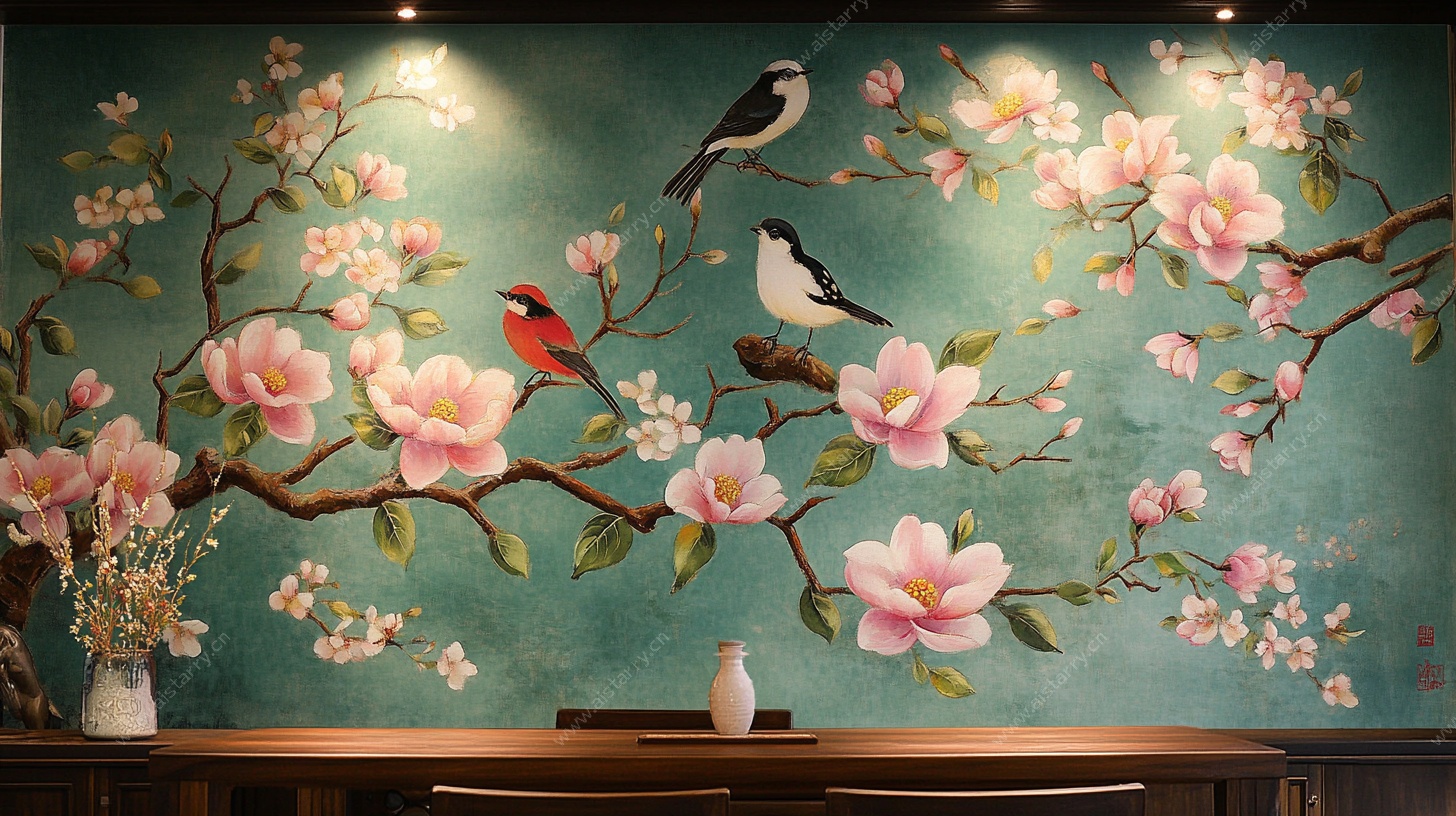 中式花鸟壁画 雅致背景墙