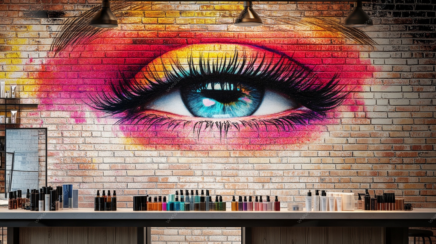 多彩眼壁画下的美甲产品展示