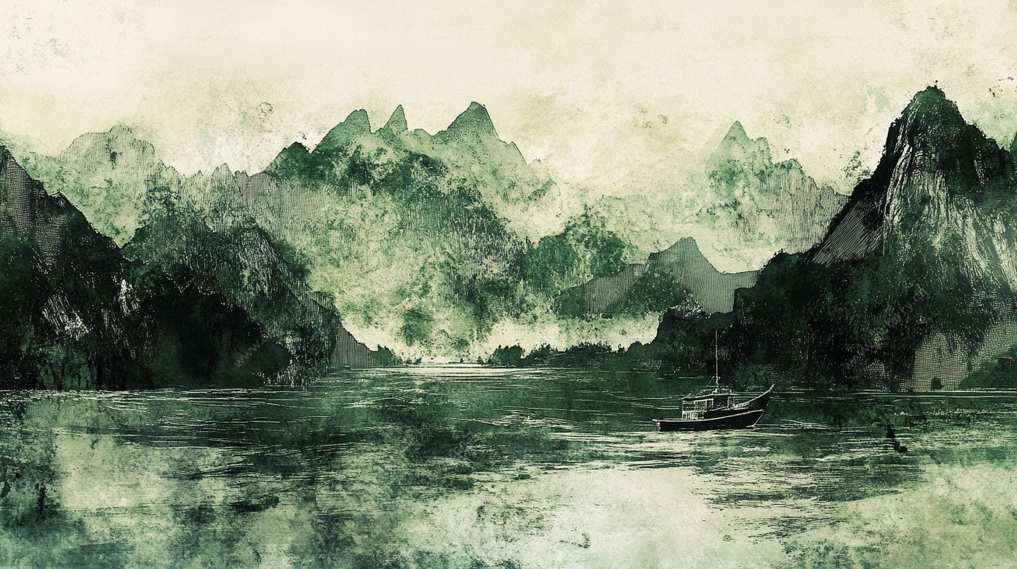 水墨山水间孤舟泛碧波