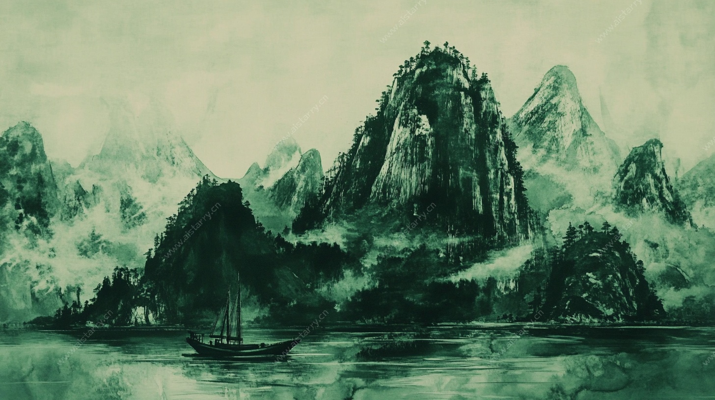 水墨山水孤舟图