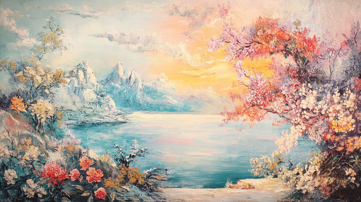 梦幻湖畔繁花风景图