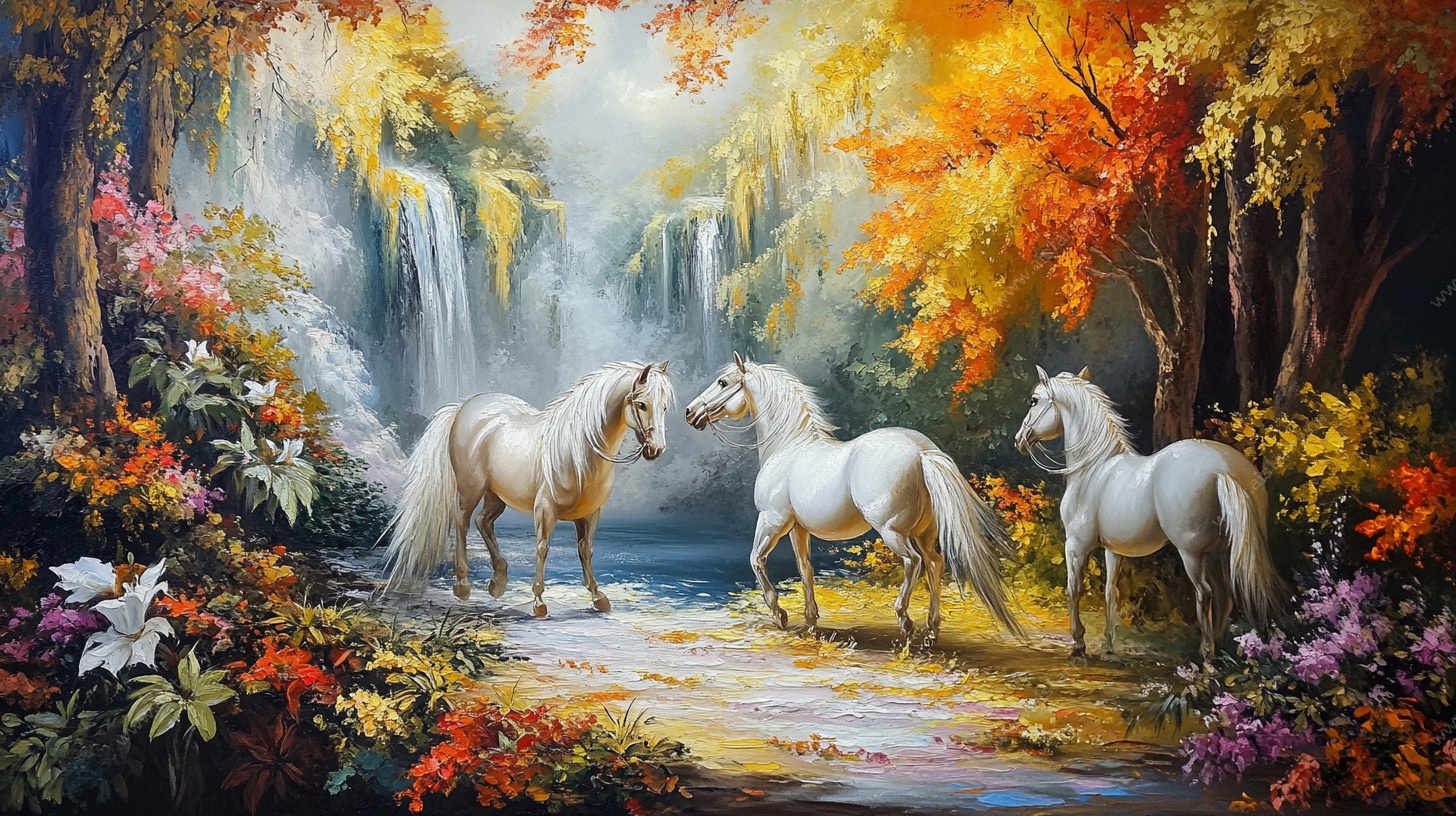 梦幻森林中的三匹白马