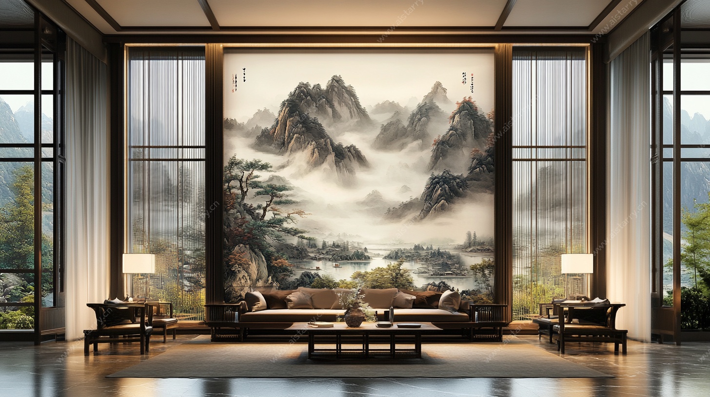 中式客厅山水壁画装饰图