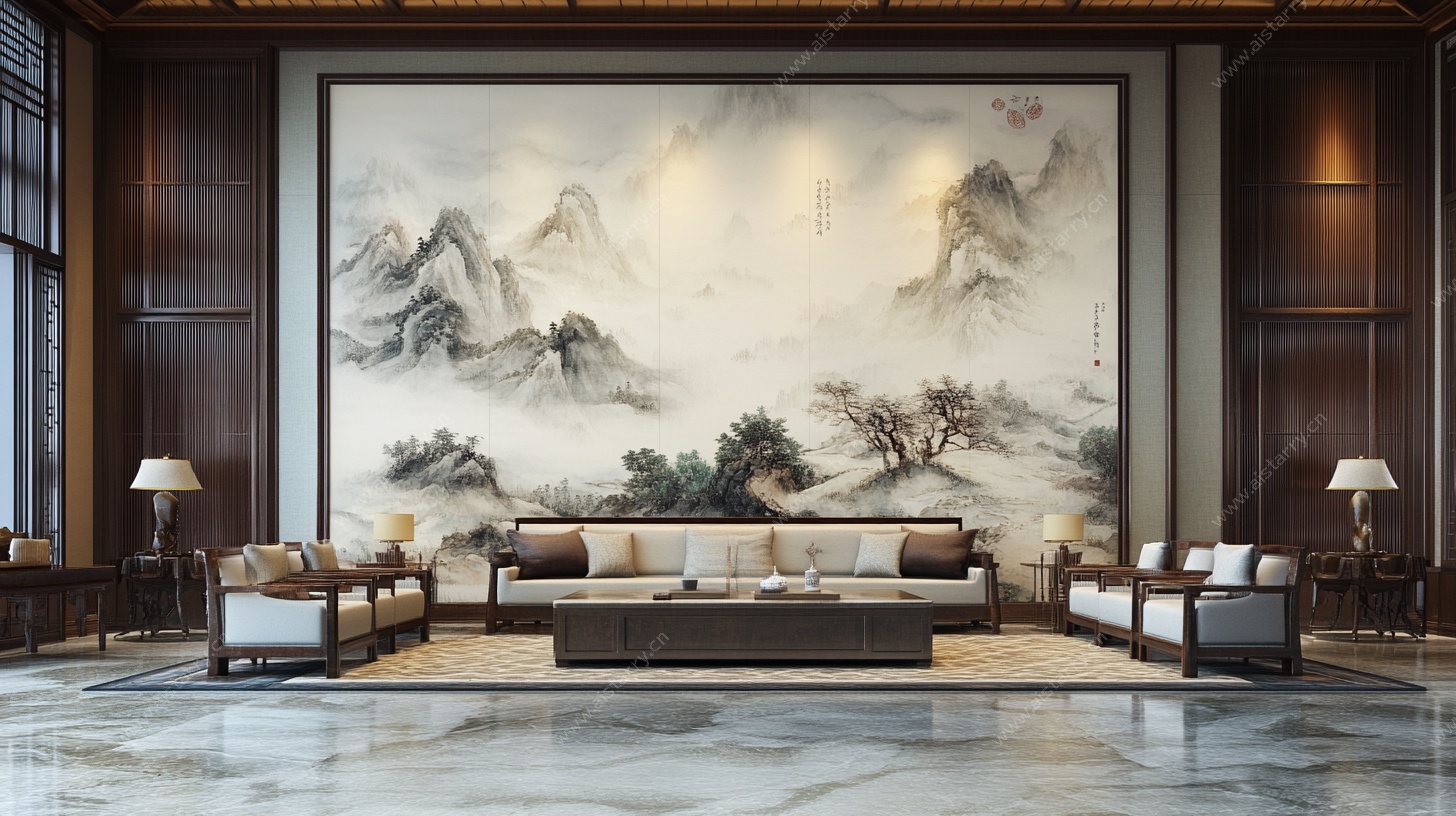中式客厅山水壁画装饰