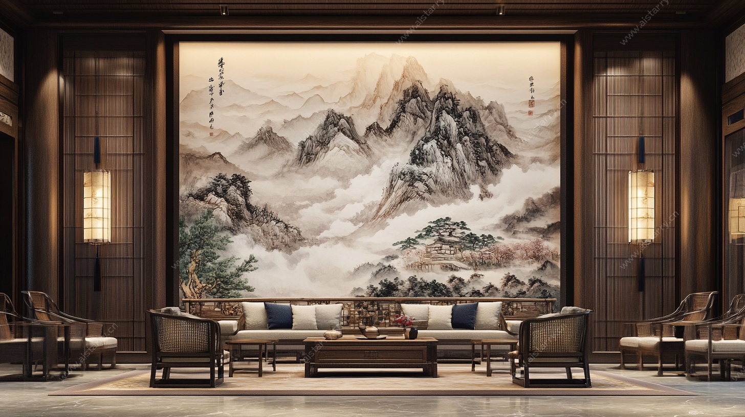中式客厅山水巨幅挂画场景