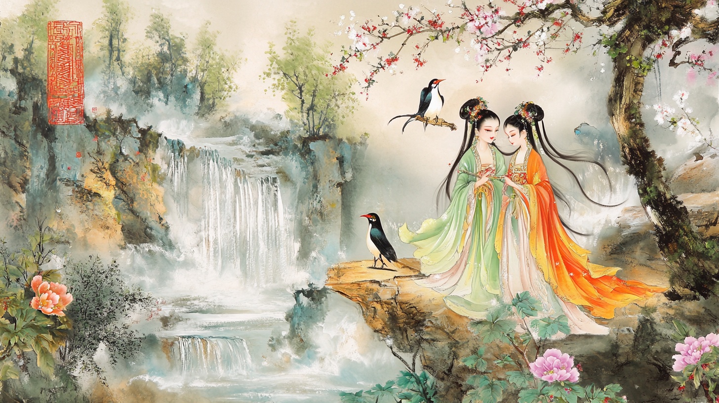 古典双姝倚树赏瀑图
