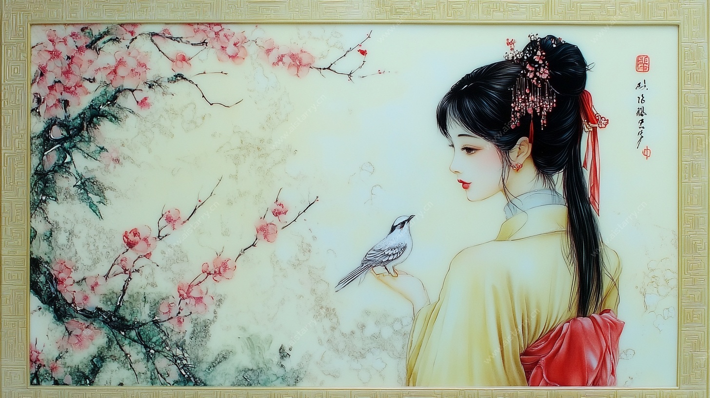 古风佳人赏鸟图